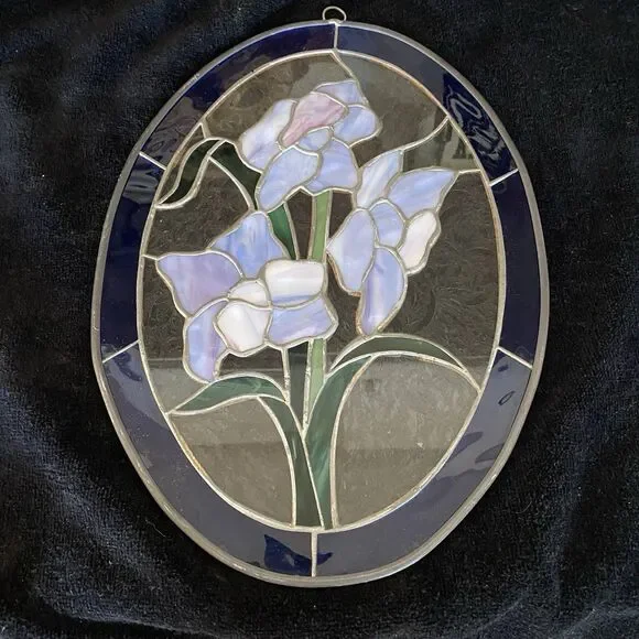 Vintage Handcrafted Large Stained Glass Suncatcher With Iris Flowers. No Cracks! - Picture 7 of 8